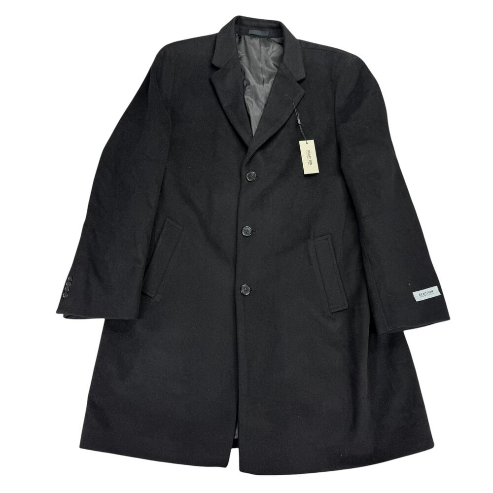 Kenneth Cole Mens Single-Breasted Wool Blend Classic Fit Overcoat Black 48L
